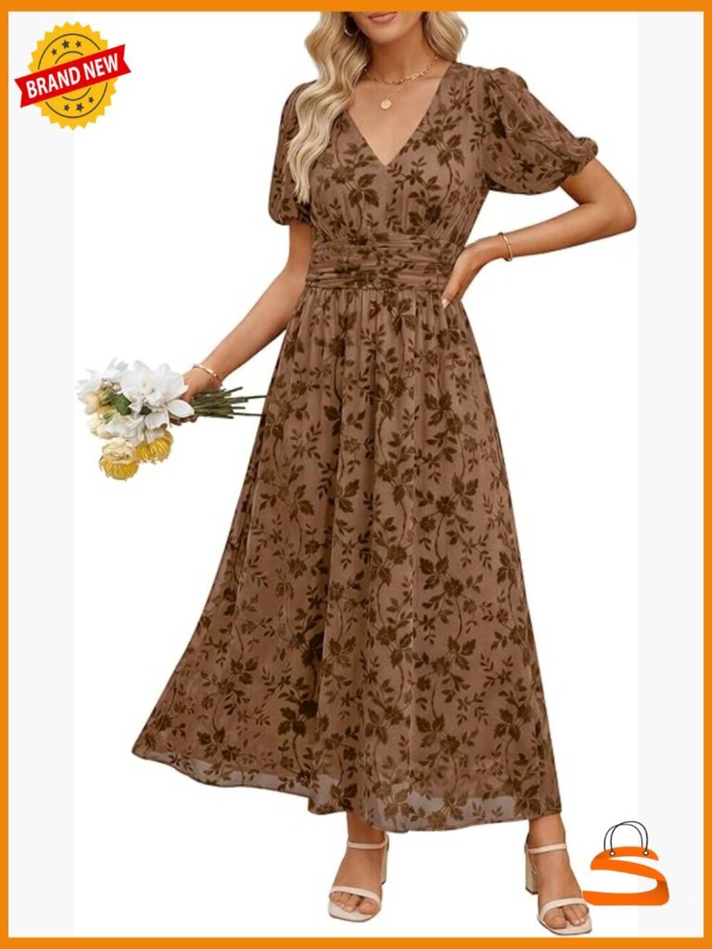 Floral Maxi Formal Dress Short Sleeve V-Neck Empire Waist Wedding Guest